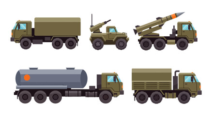 Fototapeta premium Military Vehicles Vector Set Collection, Army Trucks, Missile Launcher, and Logistics Fuel Tanker in Flat Style Isolated on White Background.