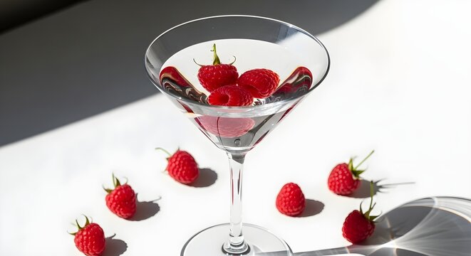 Raspberries fill a martini glass on a white table with scattered fruit.