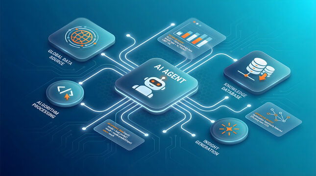 Isometric AI agent diagram with data processing nodes, database connections, and neural network visualization on a dark blue tech background