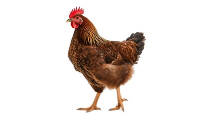 Fototapeta premium A brown chicken standing on a white background, showcasing its vibrant feathers and red comb.