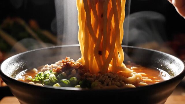 Close-up of steaming hot ramen noodles being lifted with chopsticks from a dark bowl, showcasing a delicious and comforting meal.