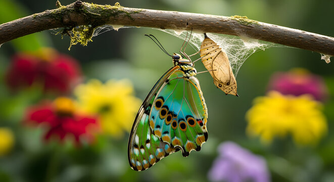 A butterfly that has just emerged from a green chrysalis symbolizes metamorphosis and the life cycle, the transformation of nature, and the concept of evolution. AI generated.