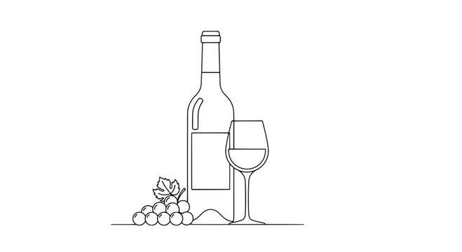 Wine bottle with glass and grapes illustration in line art style featuring beverage, drink, alcohol with vineyard and grapevine elements for elegant,