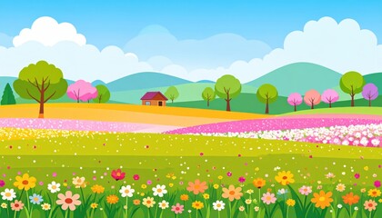 Fototapeta premium Vibrant spring landscape with blooming flowers and lush trees beautiful spring scene colorful blossoms adorn trees and fields