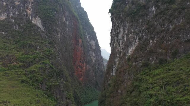Aerial view of Nho Que River flowing through deep Tu San Canyon in Ha Giang