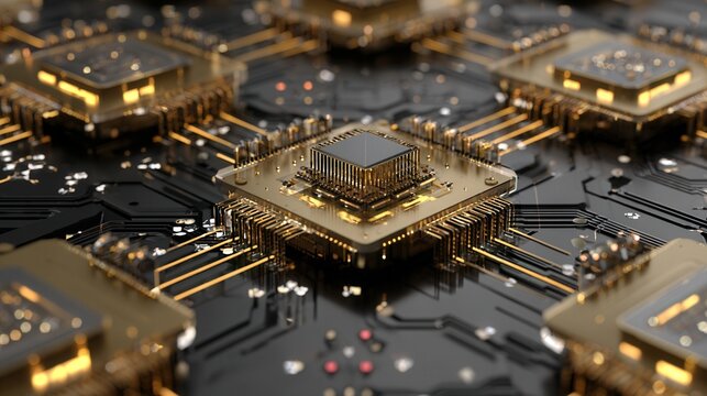Closeup gold microchip array on circuit board, highperformance hardware layout for electronics engineer, intricate PCB traces, soldered components and precision packaging convey advanced computing