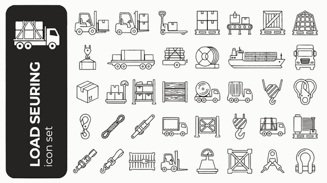 Truck Loading Securing Bold Line Icons-Dock Leveler Forklift Ratchet Strap Dunnage Cargo Net Tail Lift Chock-25 Loading Icons Set Vector - Cargo Securing Icons