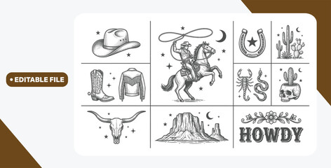 Fototapeta premium A Western-themed vector graphic set featuring cowboy elements such as a rodeo rider, hat, boots, cacti, skulls, a scorpion, snake, horseshoe, and mountain landscape.