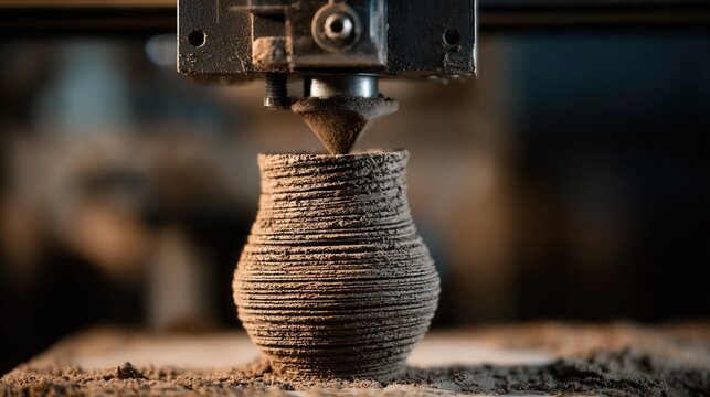 Closeup ceramic three dimensional printing extruder layering clay, textured surface forming pot in warm workshop light, shallow depth of field, fine dust and ceramic fragments, tactile craft meets