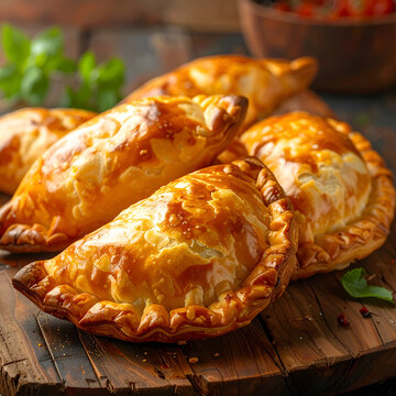 Golden Empanadas on Rustic Wooden Board - A Delicious Latin American Treat.