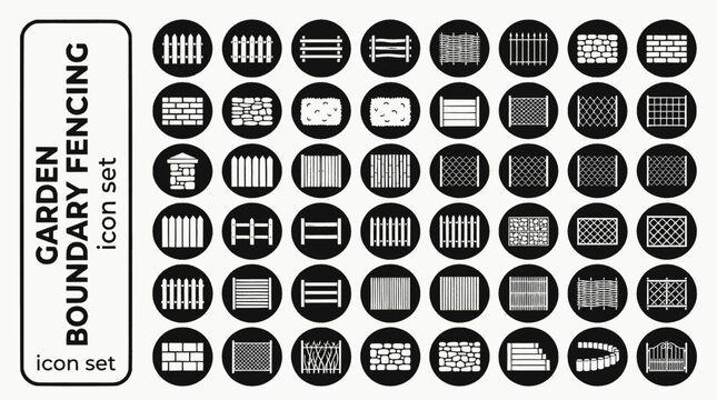 Garden Boundary Fencing Bold Line Icons-Close Board Fence Picket Fence Post Rail Woven Willow Hurdle Wrought Iron Railing Bamboo Screen Gabion Stone-15 Fencing Icon Set Vector - Garden Boundary Icons