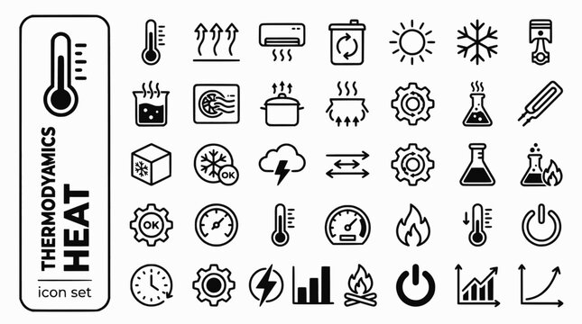 Thermodynamics Heat Transfer Bold Line Icons-Thermometer Conduction Convection Radiation Entropy Carnot Boiling Thermal-25 Thermodynamics Icon Set Vector - Heat Transfer Icons 