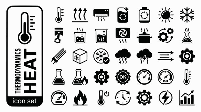 Thermodynamics Heat Transfer Bold Line Icons-Thermometer Conduction Convection Radiation Entropy Carnot Boiling Thermal-25 Thermodynamics Icon Set Vector - Heat Transfer Icons 