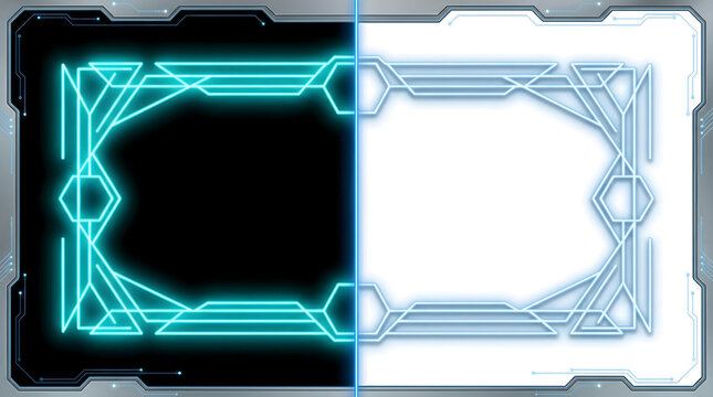 Abstract futuristic neon frame design split screen with black and white background glowing cyber lines geometric pattern