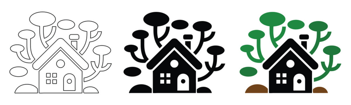 Three stylized tree and house illustrations in varying color schemes