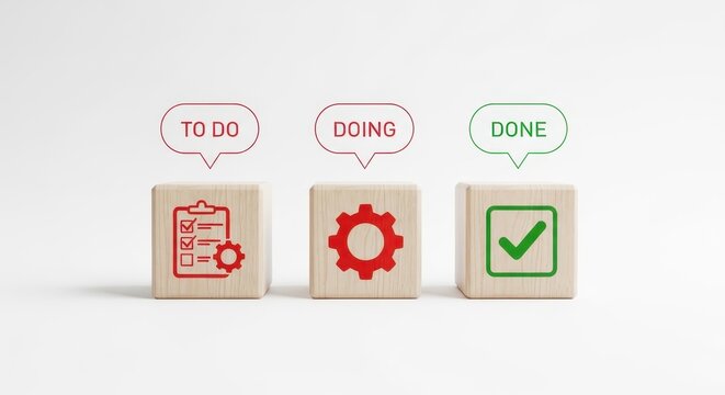 Kanban workflow task management with wooden blocks isolated on transparent background