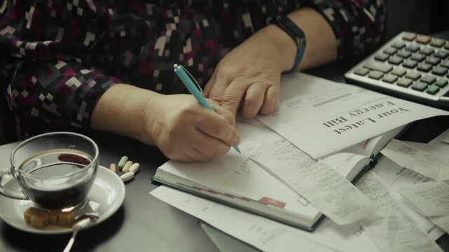 Woman Calculating Monthly. Managing Household Budget And Financial Documents