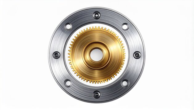 Metallic gear with golden teeth and silver ring secured bolts