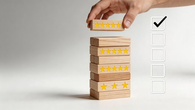 Hand placing wooden block with five stars on stack rating scale customer satisfaction quality assessment positive feedback business success performance evaluation service