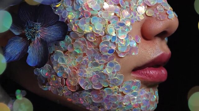 Close-up of a person's face adorned with iridescent sequins and a blue flower