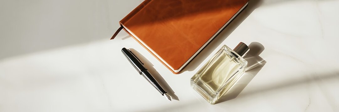 Luxurious journal and pen accompanied by a perfume bottle on a sunlit marble surface
