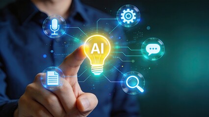 Fototapeta premium Businessman interacting with futuristic AI interface artificial intelligence concept digital transformation innovation technology smart solutions data analysis automation machine