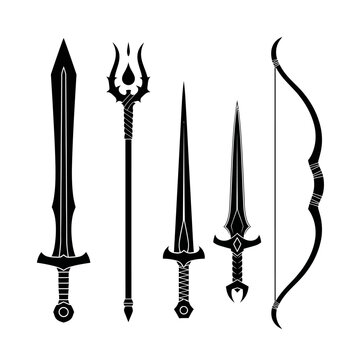 Collection of fantasy swords and bow.