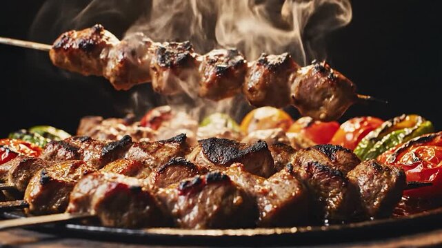 Delicious Meat and Vegetable Skewers Grilling with Smoke.