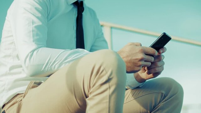 Manager  Messaging On Cellphone During Break. Modern Communication And Connectivity