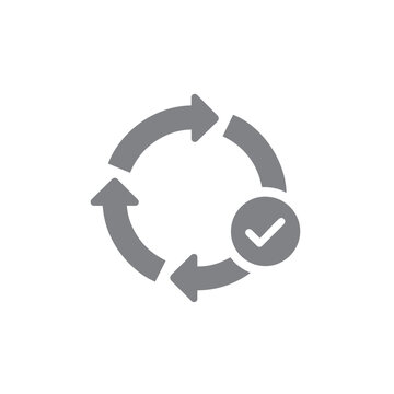 Circular process icon with a checkmark symbol indicates completion and ongoing cycle in business or workflow management.