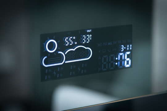 Futuristic Mirror UI Showing Temperature Humidity and Time Data