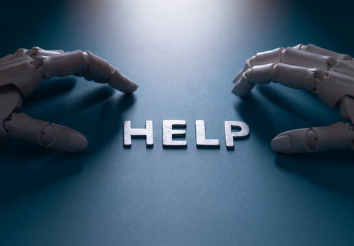 Robotic Hand Approaching Help Sign Representing AI Assistant Concept