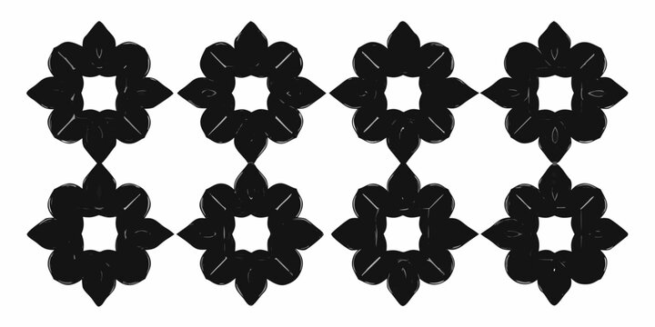 Black and white repeating floral pattern with symmetrical shapes