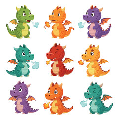 Colorful cartoon dragons in various poses.