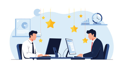 Fototapeta premium Dedicated business professionals working at their computer desks under hanging golden stars to represent high quality and five-star service.