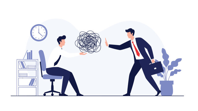 Professional businessman refusing to accept a chaotic tangle of problems from his colleague in a clean office environment setting.