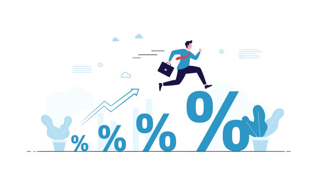 Agile businessman jumping over rising blue percentage signs to represent overcoming high interest rates and achieving financial progress.
