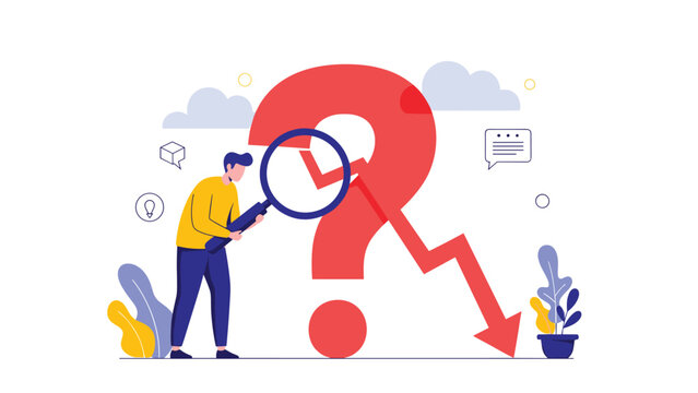 Businessman using a magnifying glass to investigate a large red question mark and a falling chart arrow representing market research.