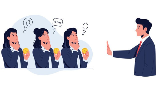 Professional businessman using a hand gesture to stop female investors who are thinking about their financial spending and money coins.