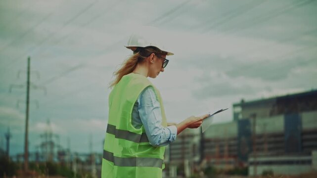 Engineer Inspecting Power Plant Infrastructure.  Inspector Reviewing Documents at Industrial Site