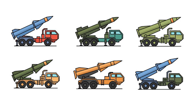 Set of Military Missile Launcher Truck Vectors, Tactical Mobile Rocket Launch System Illustrations Isolated on White Background