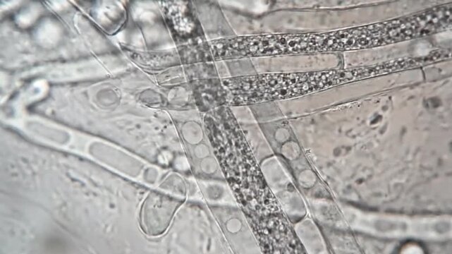 Microscopic view of fungal cells and hyphae structure close up biology laboratory sample transparent micro texture scientific research background.