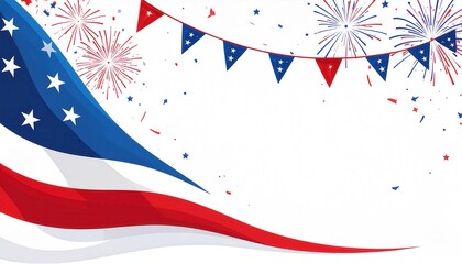 Obraz premium アメリカの独立記念日を祝うための華やかな背景素材。なびく星条旗と夜空に打ち上がる花火、そして赤と青のガーランドが描かれた、7月4日の祝祭にふさわしい愛国的で明るいデザインのイラストレーションです。