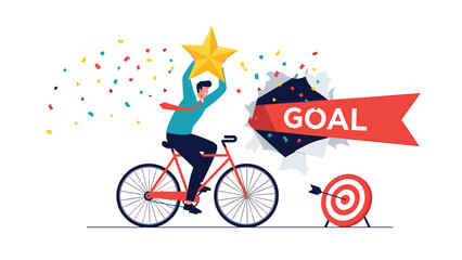 Fototapeta premium Determined man on a bicycle holding a gold star and breaking through a red paper banner with the word goal written on it.