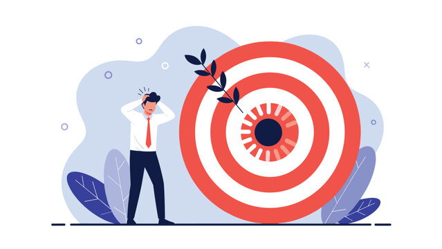 Stressed businessman holding his head in despair while facing a giant target eye to represent the pressure of being constantly monitored.