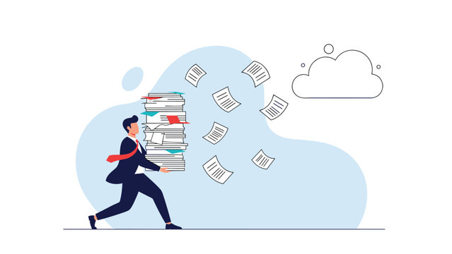 Overwhelmed businessman running with a large stack of office papers while some documents fly away to represent high work pressure.