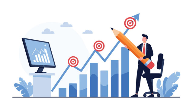 Businessman using a very large pencil to draw a rising growth line with target icons over a bar chart on a blue background.