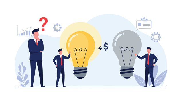Confused businessman standing near a bright glowing lightbulb and a dim gray lightbulb while considering new creative ideas.