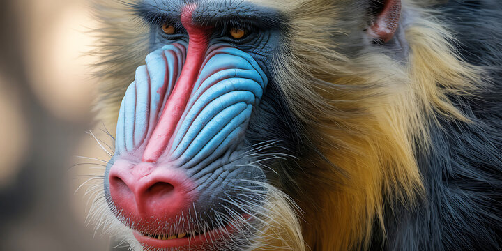 Closeup of colorful mandrill face with blue and red markings on nose and cheeks