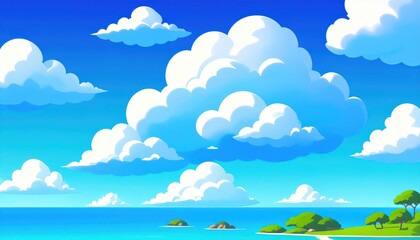 Fototapeta premium Cartoon beach landscape with small island lively beach scene inviting water isolated island charm